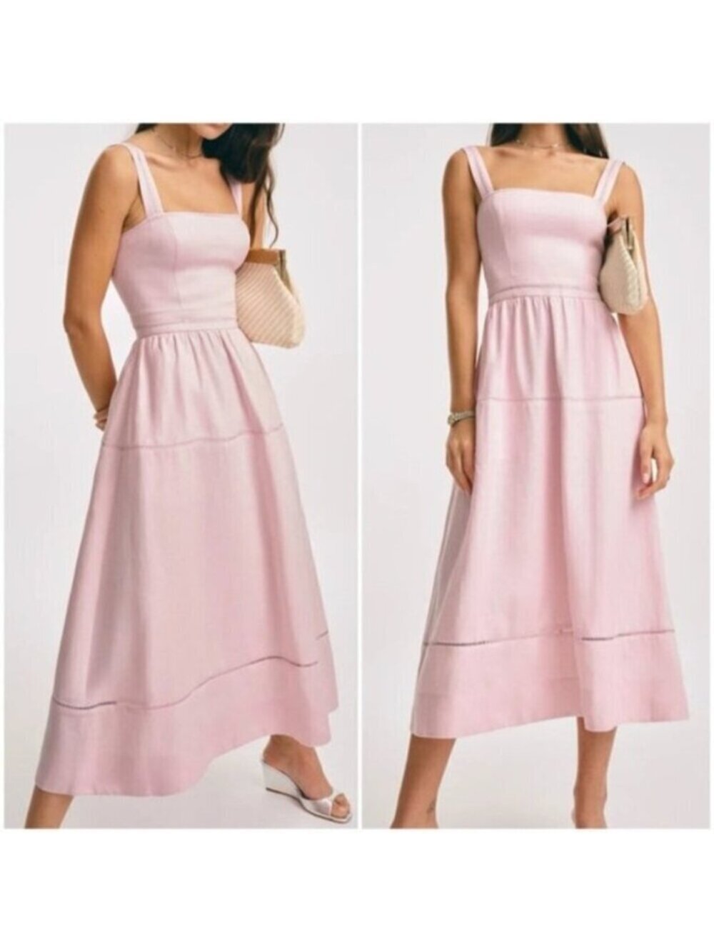 Reformation Everett Linen Midi Dress Cherry Blossom Light Pink | US 0 UK 4